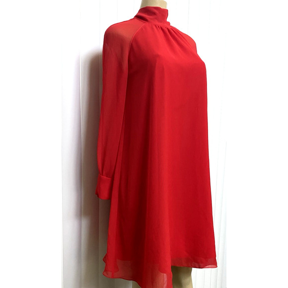KENZO Red Flare A line Mini Dress Tunic Long Sleeve Neck Tie Crepe 34 XS - Picture 4 of 11
